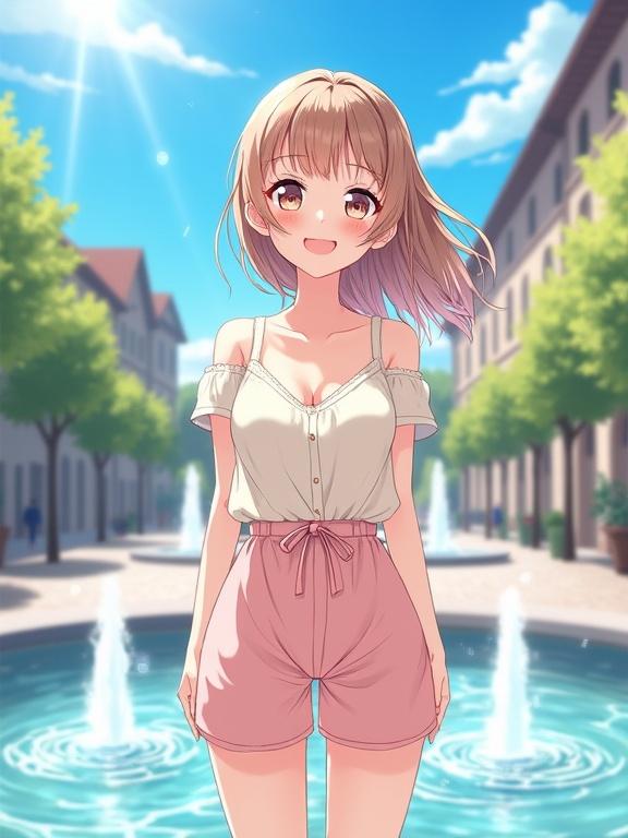 Anime-style illustration of a girl standing in a fountain plaza. Cheerful expression with sparkling eyes. Wears light summer outfit in pastel colors. Hair sways gently in the breeze. Water droplets sparkle in sunlight. Background shows sunny day with blue skies and European-style plaza. Vertically oriented for smartphone wallpaper.