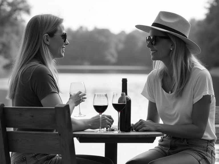 Black and white photograph shows two attractive women with longer hair and tanned skin. They wear sunglasses and casual outfits, sitting on a wooden bench by a quiet lake. An opened bottle of red wine and two glasses are on the table. The scene conveys a peaceful and friendly atmosphere, reminiscent of Pierre Pellegrini's style.
