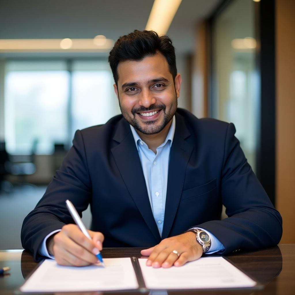 A businessman is sitting at a desk in an office. He is smiling and signing a document. The environment looks professional and modern.