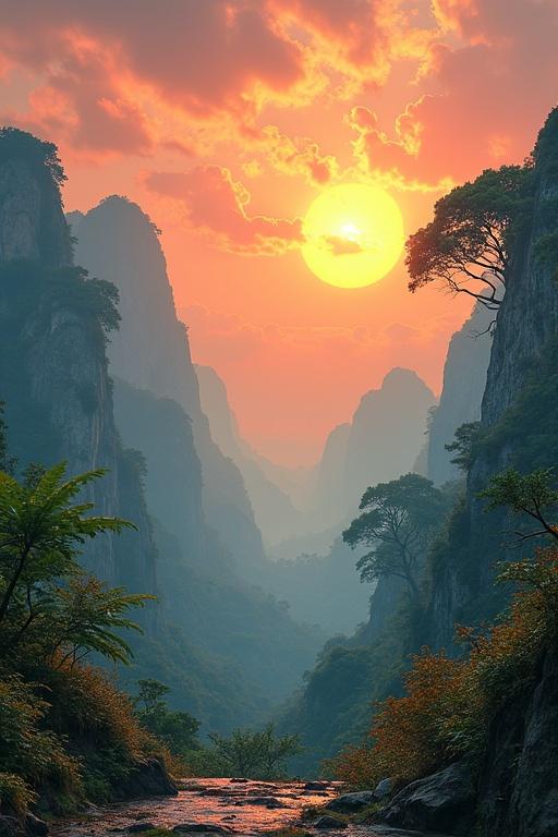Background of mountains with a sunset atmosphere. A river runs through the valley. Soft light creates a serene mood. Mountains are layered, displaying depth, with a warm orange sun setting in the background.