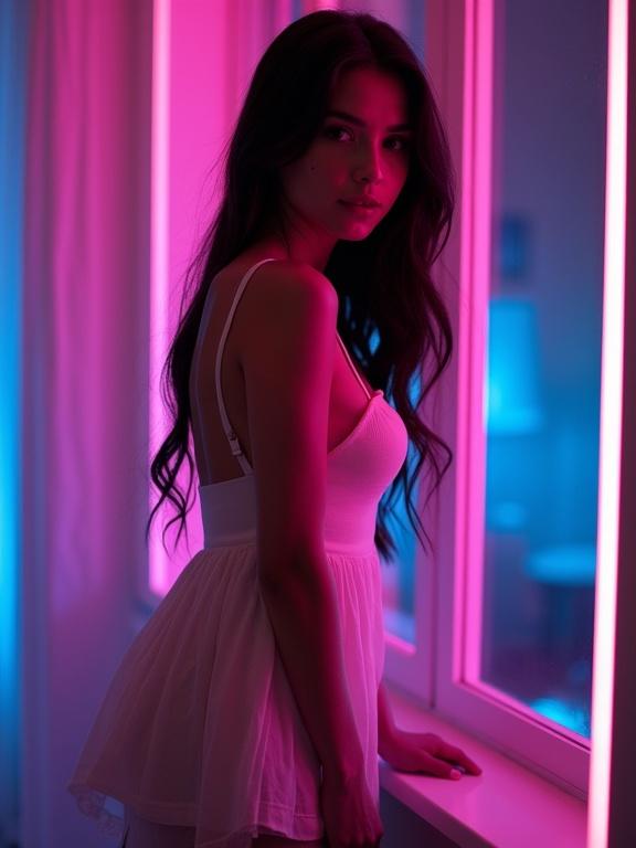 A woman stands by a brightly lit window in a chic minidress. The room is illuminated with neon pink and blue lights. The photo captures her silhouette against the colored backdrop. The overall style is modern and artistic.