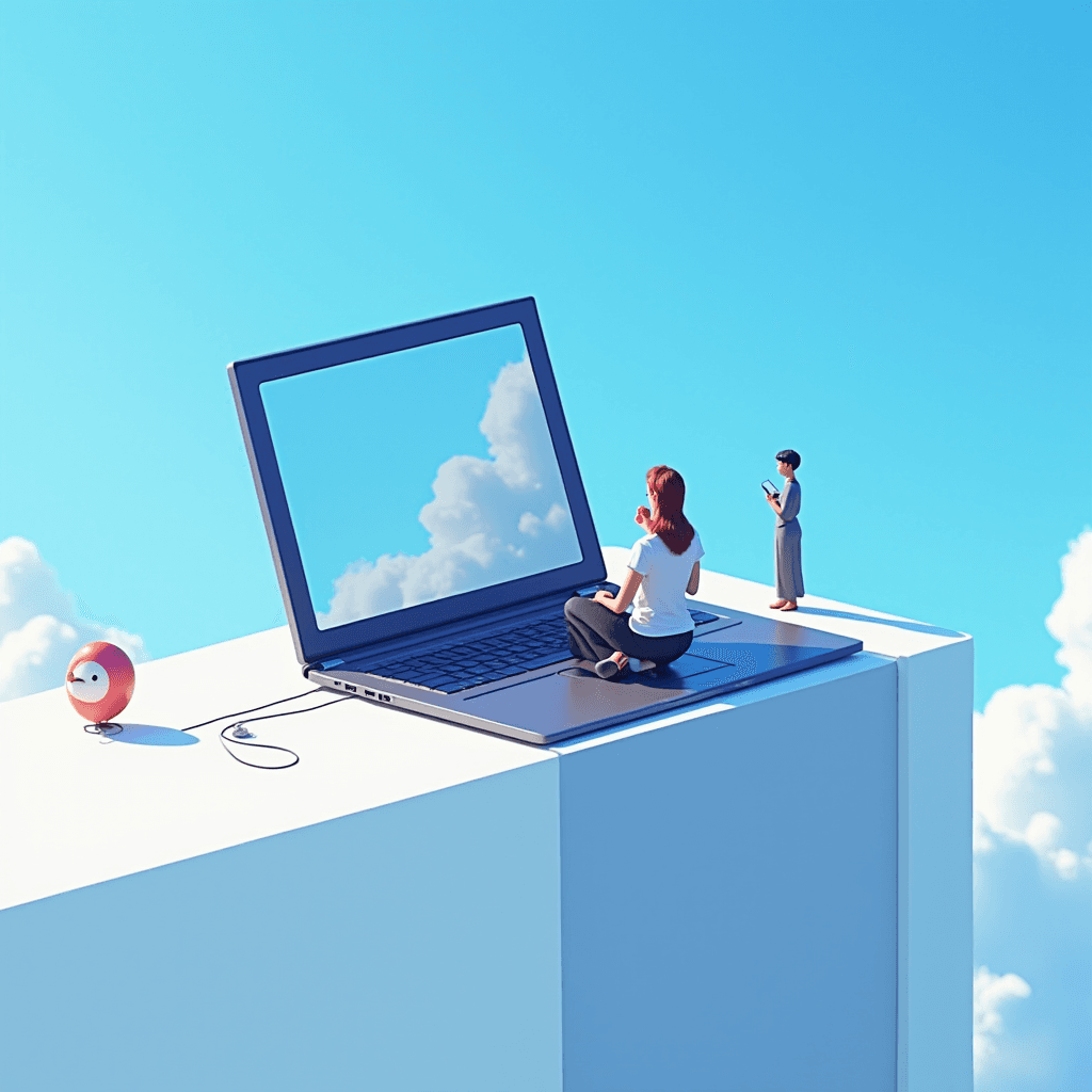 Two miniature figures interact with an oversized laptop on a platform among the clouds.