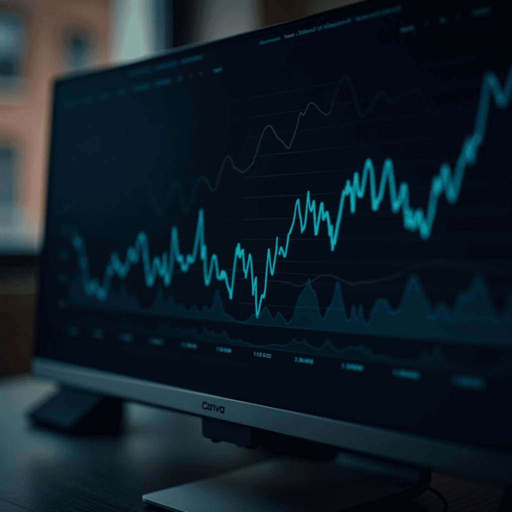 A computer monitor displaying financial data with dynamic line graphs in a dimly lit room.