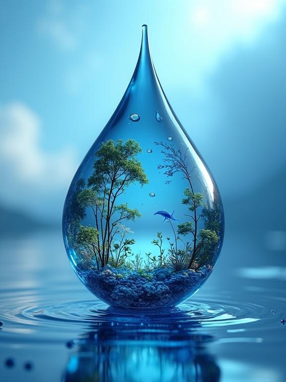 A blue orb drop holds a miniature ecosystem with tiny plants and fish. The drop floats against a blue sky blurred in the background. The scene emphasizes water's role in sustaining life.