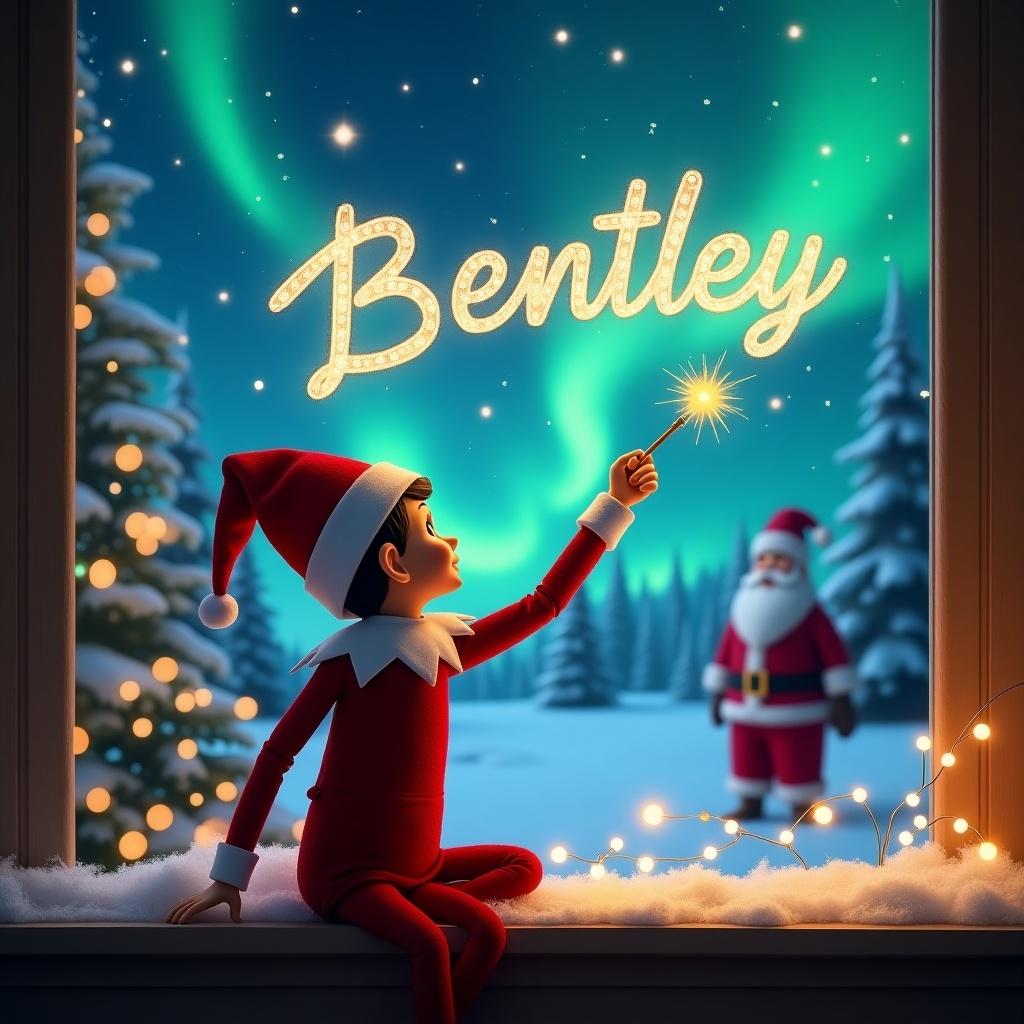 Elf on the shelf faces the magical sky. Uses a wand to write Bentley. Background features northern lights and Santa. Writes names Natasha and Max in the air. Wintery festive scene with snow.