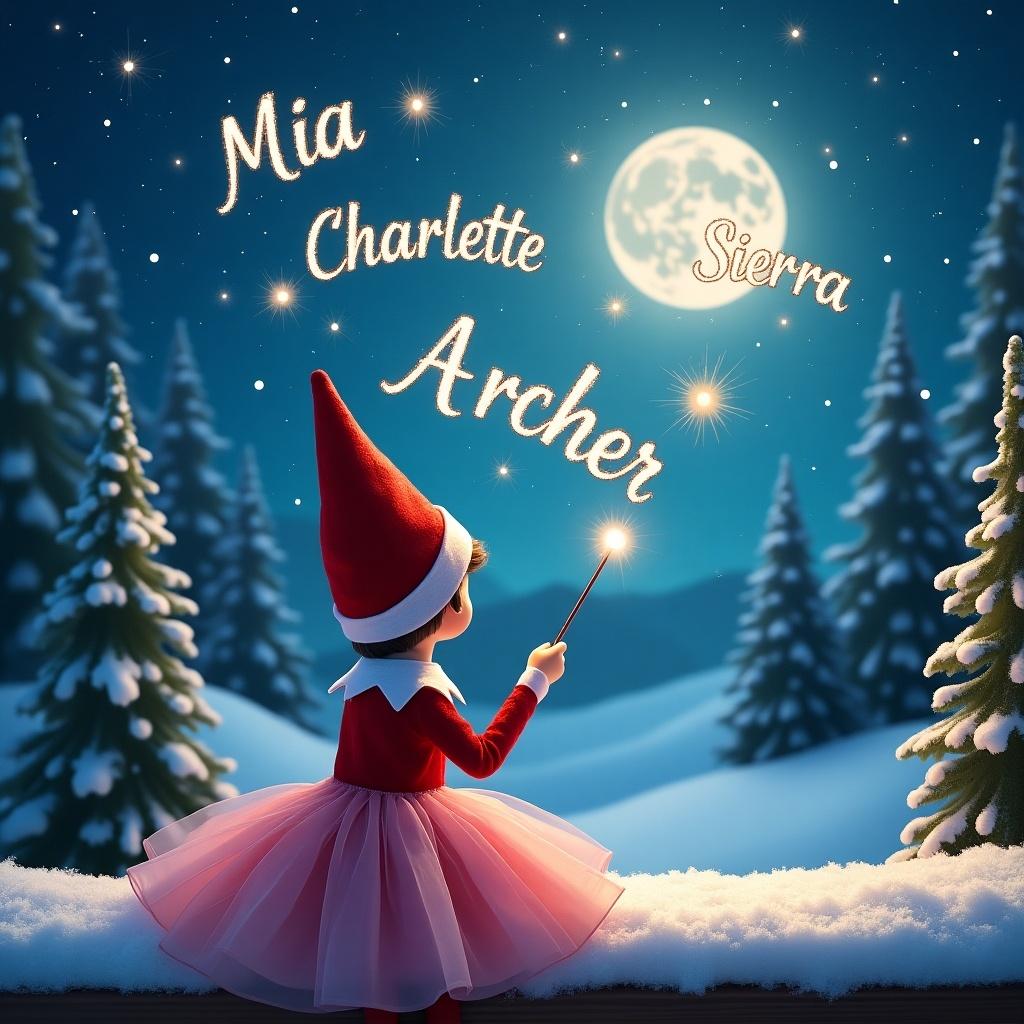 The image features an elf on the shelf with its back to the viewer, dressed in a pink poofy dress. The elf is sitting in a beautiful winter wonderland, surrounded by snow and evergreen trees. Above, the sky is filled with stars and a bright moon. The elf uses a magical wand to write names like 'Mia', 'Charlotte', 'Sierra', and 'Archer' in sparkling light. This scene embodies the whimsical and festive atmosphere of Christmas.