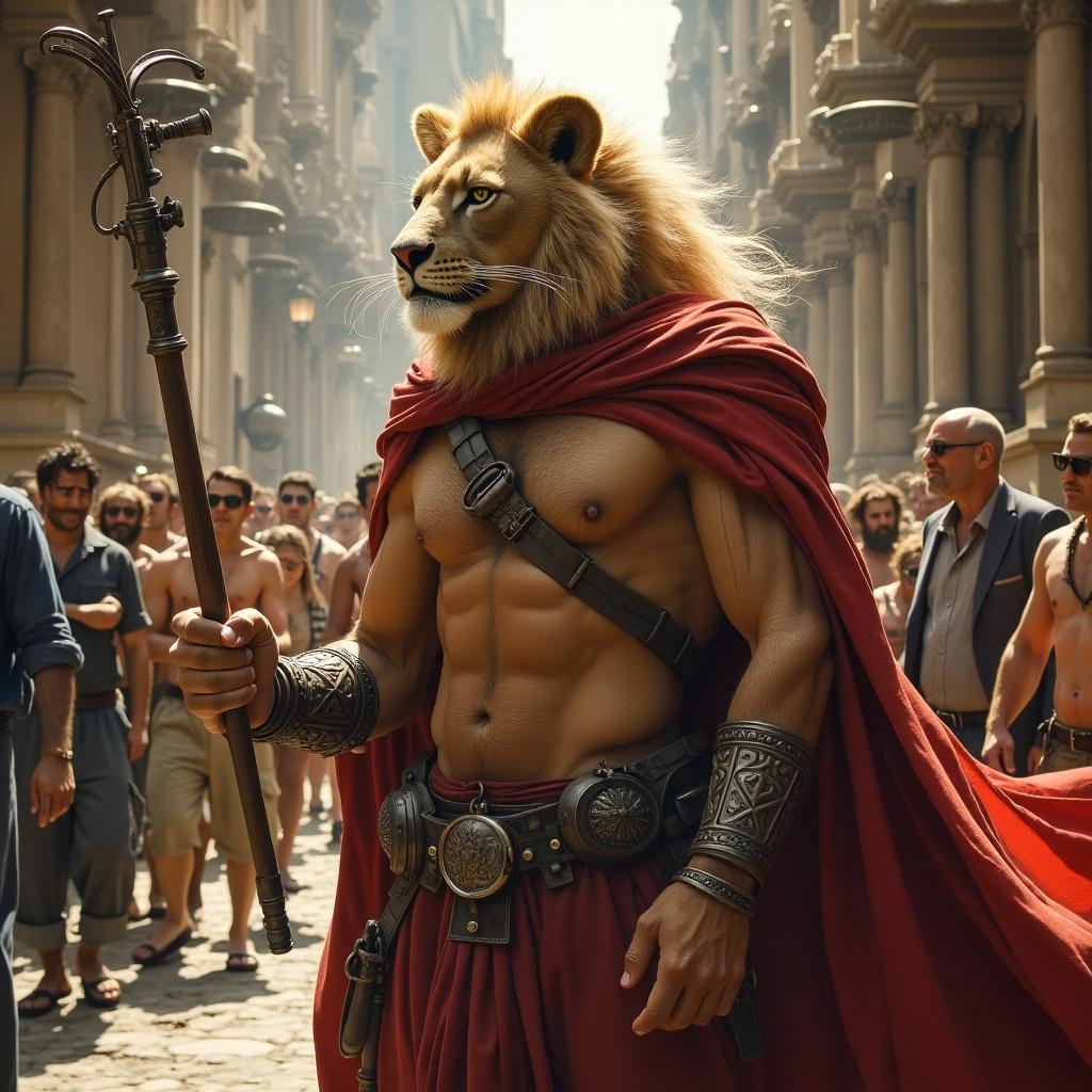 A powerful lion-headed warrior in a crowded ancient street. The character wears Roman armor and holds a staff. The scene is bustling with background figures. The setting is inspired by ancient architecture.