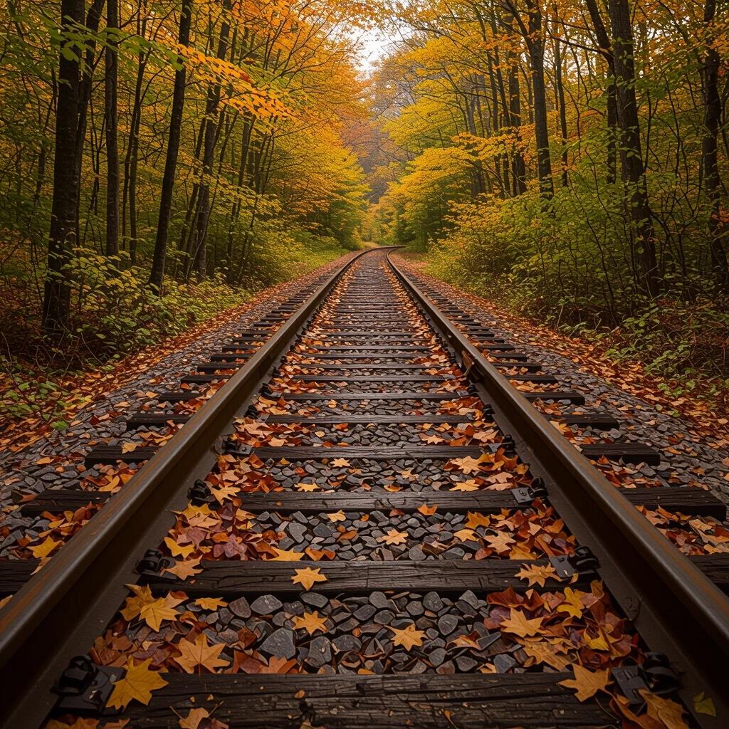 Old train track seen from a low angle. Surrounding trees are displaying autumn colors. Leaves are scattered along the tracks. The end of the tracks disappears into the woods.