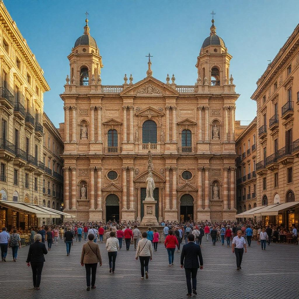 A wide square with people walking towards a grand baroque church. The building has a detailed facade with statues and twin towers. Sunlight illuminates the scene. Umbrellas and cafes are visible nearby. A lively atmosphere with tourists and locals.