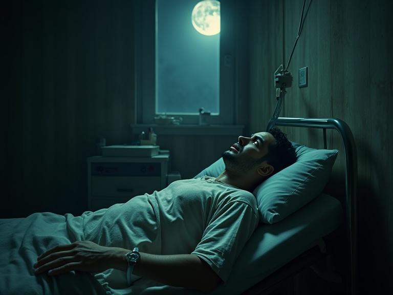 Dimly lit hospital room. Man lies on metal bed. Face pale and eyes wide open. Connected to oxygen tubes and pulse monitor. Moonlight filtering through window casting shadows.
