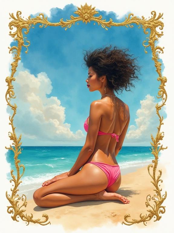 A Latina supermodel kneels in the sand. One leg lifted gracefully. She wears a cheerful pink bikini. Background features a stunning beach landscape with vibrant colors. The image is bordered with ornate golden designs.