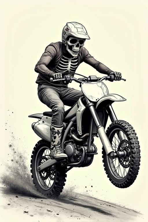 Vintage stylized illustration of a skeleton riding a motocross bike. Dynamic action pose, hand drawn doodle style.