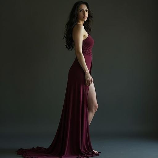 Full body shot of a tall woman in a burgundy dress. She poses sensually with an elegant silhouette. Pale skin illuminated softly by lighting. Hair falls past shoulders, dark. Eyes appear sharp and watchful. Body language expressive with soft layers of silk and wool. Movement intentional and fluid. The image captures the essence of the figure without performance. 