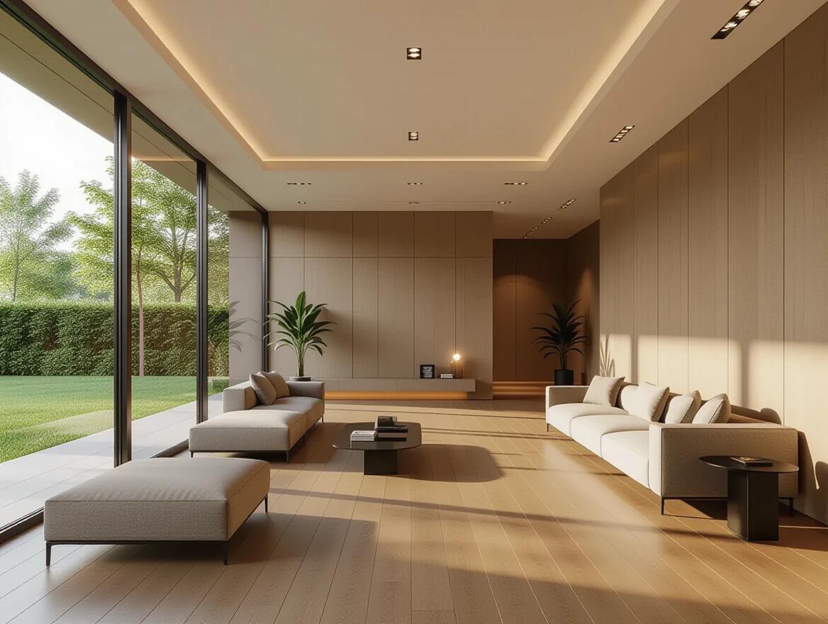 Ultra-luxurious multipurpose hall interior with solid straight walls. Large floor-to-ceiling glass window shows vibrant green lawn. Clean wooden flooring and flat modern ceiling. Recessed ambient lighting creates warmth. Minimal yet elegant low-profile furniture. Open spacious floor plan with no clutter. Soft natural daylight enters from left window. Calm and upscale atmosphere. Photorealistic interior rendering with detailed materials and textures. No skylights or curved surfaces. Sophisticated residential or event space design.