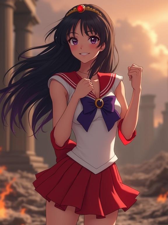Sailor Mars stands with a confident expression. She wears a traditional red and white sailor uniform. Her long black hair flows behind her. A destroyed ancient Greece setting serves as the background. The image features dramatic lighting with flames in the distance.