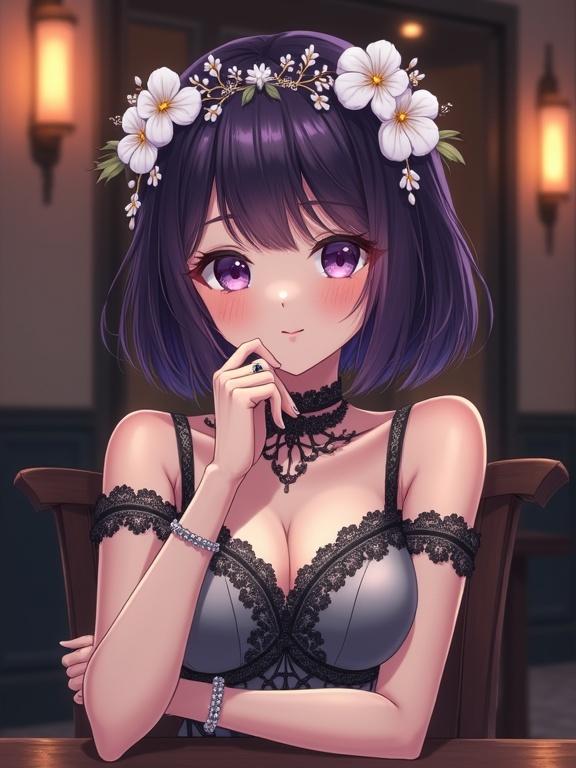 Japanese anime illustration of a beautiful woman in her 30s with graceful expression and fair skin. She has large purple eyes and shiny dark violet hair in a bob cut. Adorned with white flower crown. Smiling slightly with head tilted. Hand resting on chin showing ring and bracelet. Wearing stylish gray dress with Asian-inspired design and deep V-neckline. Positioned front-facing, seated outside a bar with luxurious background. Dimly lit bar exterior with elegant light fixtures. The atmosphere is sophisticated, dreamy, and slightly mysterious.