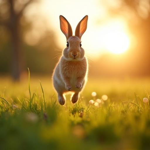 A rabbit jumps in a green field during a bright sunset. Sunlight creates a warm glow on the scenery. The rabbit is in motion with its ears up. Background shows a soft, blurred image of trees and grass.