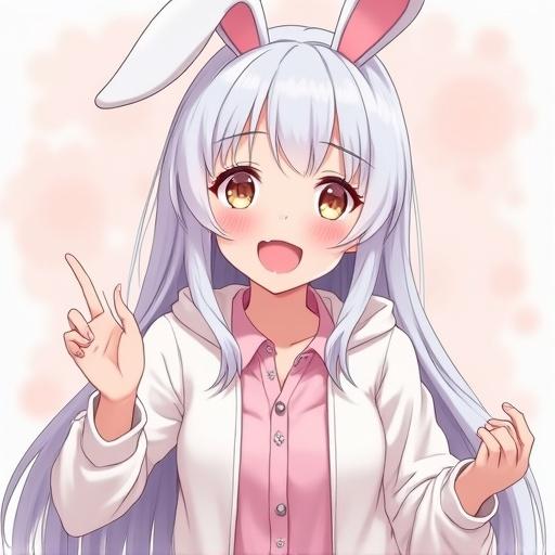 Anime girl wearing bunny clothes. She has long white hair and a cute expression. Character has bunny ears on her head. The background is soft and pink with subtle designs. She holds up two fingers in a playful manner.