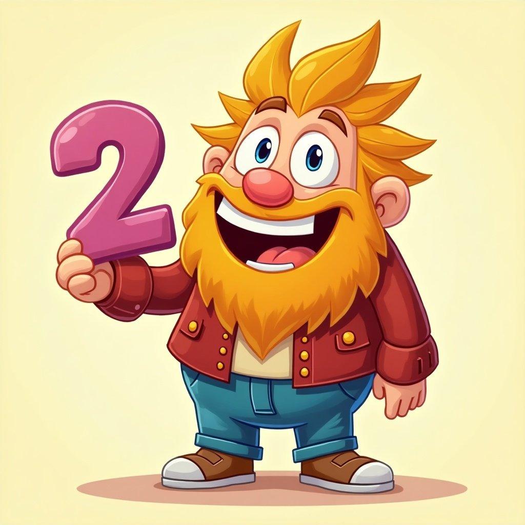 Klaus is a cartoon character with a cheerful expression. He has a big orange beard and spiky hair. He wears a red jacket and blue pants. Klaus is holding the number 2. The background is yellow.