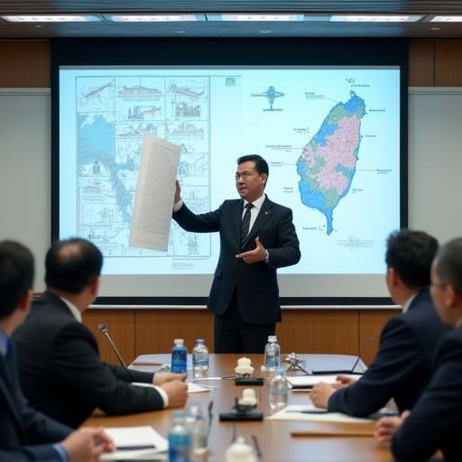 Taiwan minister in a conference hall waving a blueprint. He coordinates with military and transportation experts. Detailed blueprints displayed on a large screen. Planning construction of military transportation facilities to enhance response capabilities.