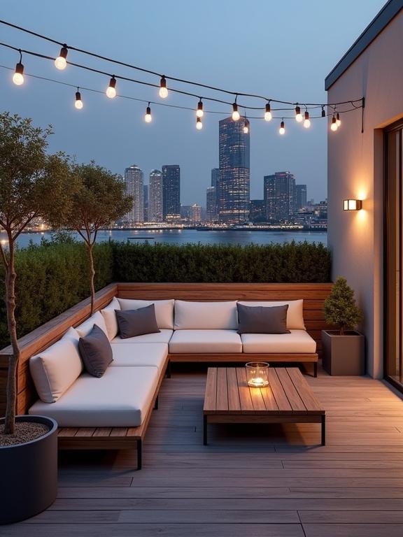 Image of a modern rooftop terrace at dusk. Features a city skyline and waterfront view. Stylish seating arrangement with cream and gray cushions. Warm lighting from string lights and wall lanterns. Large potted trees enhance the ambiance. Ideal for relaxation and socializing.