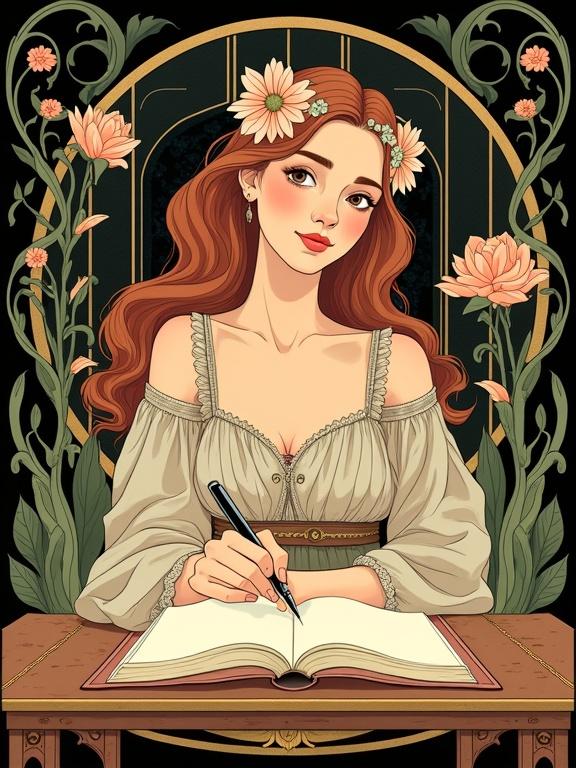 Art nouveau inspired female figure with a soft smile seated at a vintage writing desk. She is holding a pen above an open journal. Long flowing hair and floral headpiece complement her antique dress. Background features stylized vines and blooming flowers with ornamental curves. Color palette includes muted rose, peach, moss green, and warm tones. Black background enhances decorative style.