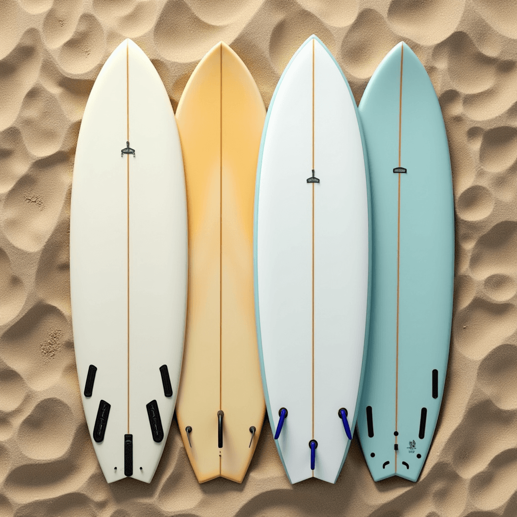 Four surfboards in pastel colors are neatly arranged on textured sand, each with different fins and tail designs.