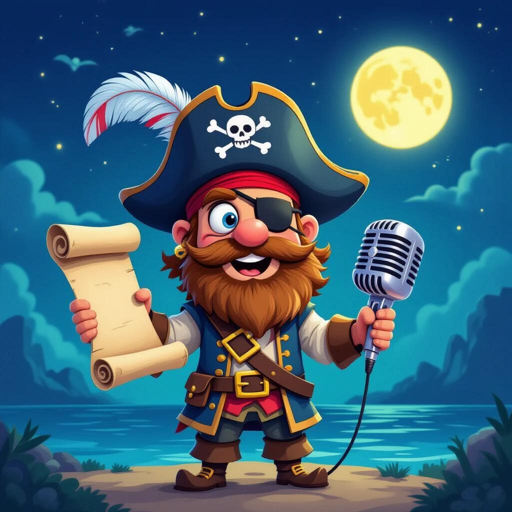 A pirate character has a feathered hat and eye-patch. One hand holds an old scroll. Another hand holds a microphone shaped like a seashell. Character stands against a night sky with a glowing full moon. Cartoon style conveys whimsy and adventure.