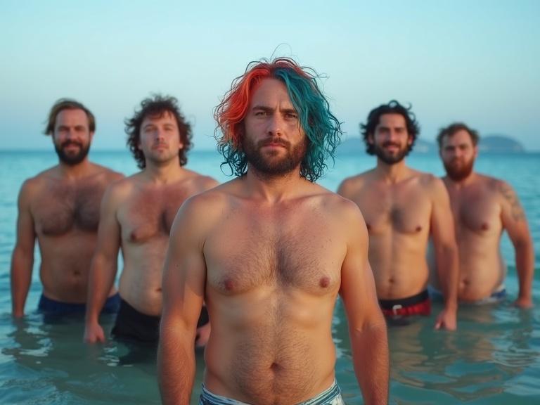 Group of young overweight male adults standing confidently in shallow ocean water. Colorful dyed hair stands out against aqua background. Sunny day creates bright inviting atmosphere. Males of varying body types showcase body confidence.
