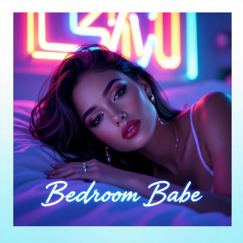 Artistic album cover featuring a babe in a bedroom illuminated with neon RGB colors. Close-up of a shoulder and hair with colorful neon lights in the background. Futuristic writing adds to the aesthetic.