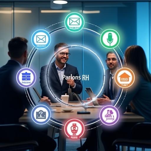 Image showing a modern office meeting with an overlaid business diagram. Two Caucasian businesspeople sit at a wooden conference table with laptops. Background has more Caucasian professionals in a glass office with fluorescent lighting. A circular diagram with six interconnected icons appears, each with unique colors and labels. 'Parlons RH' is displayed in white with '7 expertises RH pour votre entreprise'.