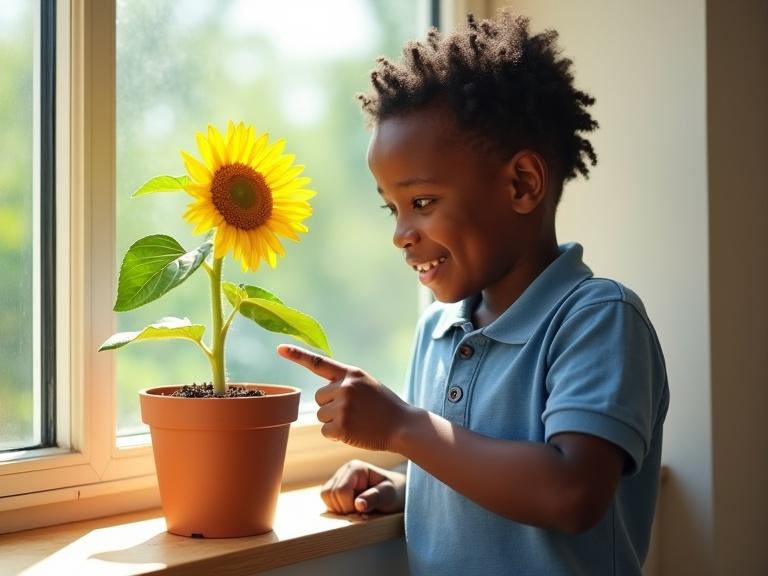 High-resolution photograph of a boy with a sunflower. He is pointing at the plant with joy. The setting includes a window with sunlight. The background is softly blurred. The child has short, coiled hair and wears a blue polo shirt. The sunflower is young and vibrant. Captures a moment of discovery and learning.