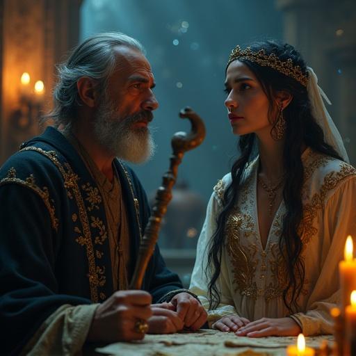 A young retired wizard in a mystical ancient chamber illuminated by flickering candles. He wears a dark cloak with embroidered symbols and holds a glowing wooden staff. Around him float magical scrolls and runes. Beside him is Ishtar, the goddess of love and war, wearing a flowing divine robe with golden lions. She has glowing skin and long black hair adorned with golden ornaments. Magical light swirls around them, creating a cinematic atmosphere. Photorealistic image with high resolution and magical realism.