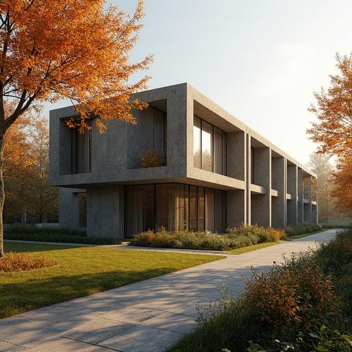 Architectural visualization of a modern and artistic university building. Photo realistic rendering features no people or sculptures. Morning light creates a serene atmosphere. Big garden background with autumn colors.