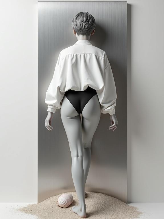 A female figure is depicted in a 3D render. She has a tousled pixie cut and wears an oversized white shirt. The scene is set against a brushed stainless steel plate. The focus is on her bending to gather a seashell while revealing a hint of a dark thong. The perspective is from below, emphasizing her form. There is sand texture beneath her and metallic lines in her hair.