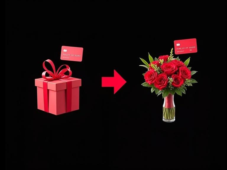 Advertising banner with a gift box on one side. A red arrow leads to a bouquet of roses on the other side. Both sides feature a stylized image of a bank card. Bright colors and modern design against a black background.