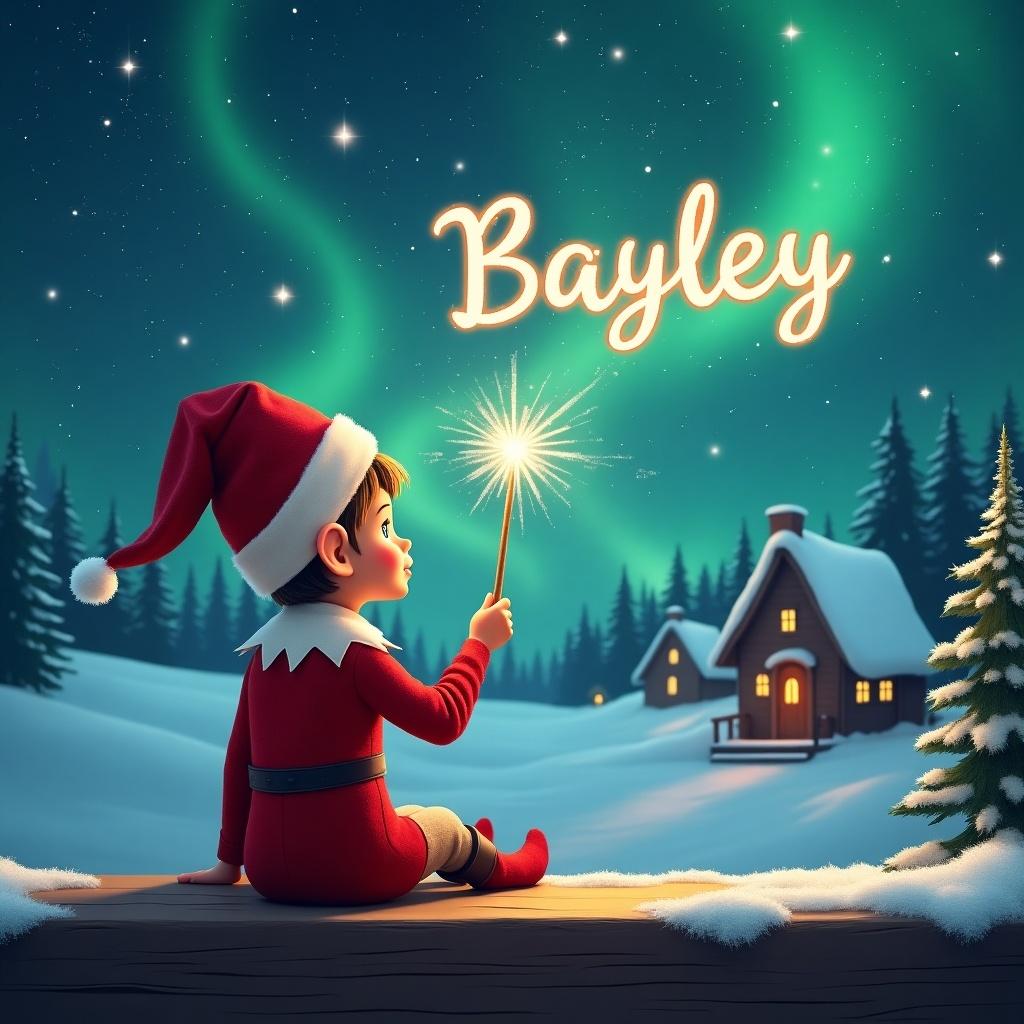 Elf on wooden ledge gazing at magical sky. Dressed in red outfit with pointed hat. Holding sparkling wand. Writing name Bayley in starry sky. Background with snowy landscape and houses. Evergreen trees under Northern Lights. Captures childhood magic and Christmas cheer.