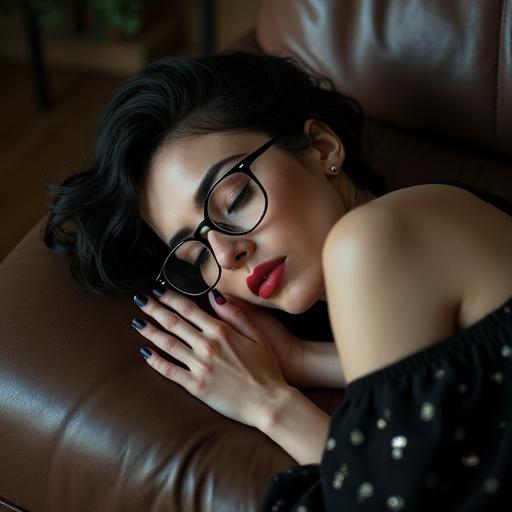 Image features a short woman peacefully asleep on a worn leather couch. She has dark hair styled in a French twist. Wears large round metal glasses and red lipstick. The setting is casual and a bit messy. Pale feet with natural imperfections rest on the couch, with ballet flats visible. The lighting is bright but cold, adding an artsy effect.