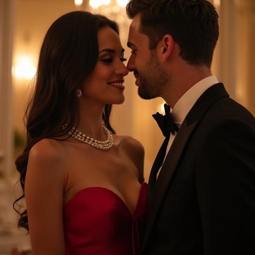 Glamorous couple dressed in elegant attire. Woman wears a stunning red gown. Pearl necklace enhances her look. Man dressed in a classic black tuxedo. Soft warm lighting enhances elegance. Intimate atmosphere created by their closeness.