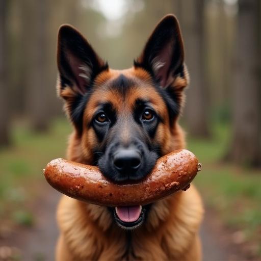 A German Shepherd dog holding a bratwurst in its mouth. The dog is standing in a lush green forest, looking directly at the camera. The setting has trees in the background and dappled sunlight illuminating the dog's fur.