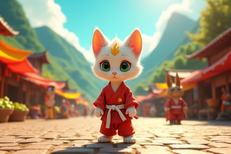 Cinematic scene showing Chandrapur village in a valley. Kitten Kittuu with white fur and emerald-green eyes is in the village square. He wears a red karate gi and has a golden flame-shaped mark on his forehead. The village is busy with animal characters and colorful market stalls. Sunlight brightens the scene creating a lively atmosphere.