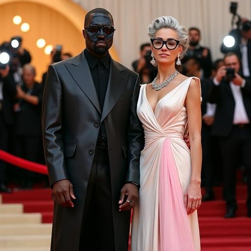 Photorealistic image of two people outside a glamorous venue resembling the Met Gala. Man on left wears black tailored outfit with leather coat and full-face leather mask. Calm and composed posture. Woman wears pastel evening gown with vintage style. Exaggerated shoulder pads and oversized glasses. Surrounded by photographers. Background includes marble steps and red carpet.