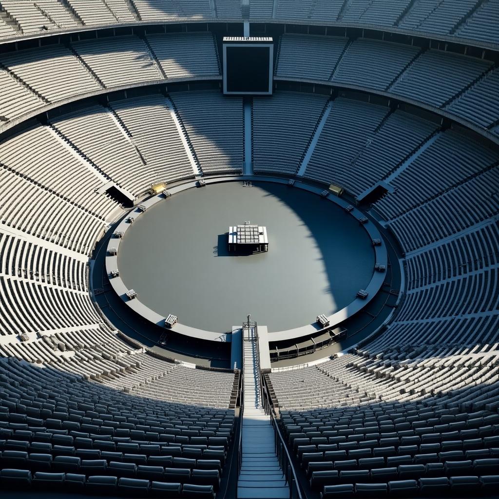 This image showcases a large concert setting viewed from above. The arena is mostly empty, demonstrating the enormity of the space. At the center, there is a prominently placed circular stage. Behind the stage, a large rectangular screen is visible, adding to the concert's visual aspects. A catwalk stretches from the stage, indicating an elaborate setup for performers. Bright daylight makes the entire scene more vibrant and appealing.