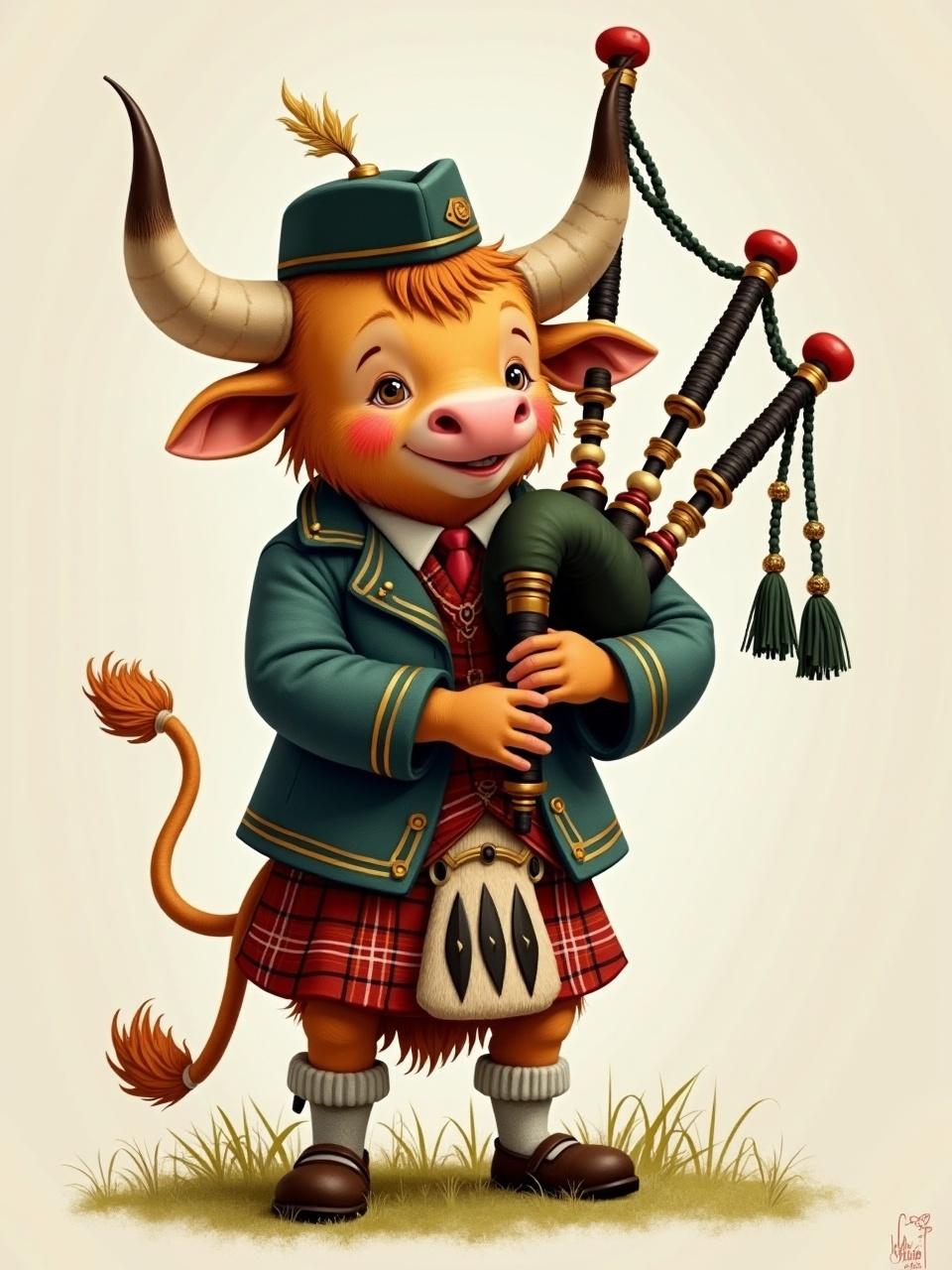 A charming anthropomorphic cow character is dressed in traditional Scottish attire. The cow wears a green jacket with gold trimmings, a tartan kilt, and a sporran. It holds a set of bagpipes with its hooves, ready to play. The character's warm expression and attire suggest a festive occasion, possibly a celebration of Scottish culture.