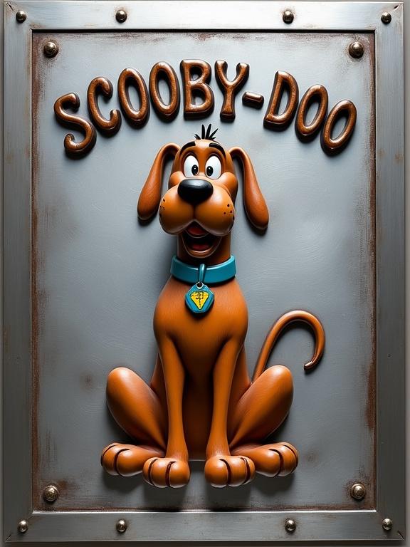 A high-relief engraving on a polished steel plate featuring the cartoon character Scooby-Doo. He is mid-sit with a worried yet playful expression. His fur is brown with detailed etched lines for texture. Above him, the name Scooby-Doo is in bold, industrial-style lettering. The background has gradients and reflections, enhancing the 3D effect.