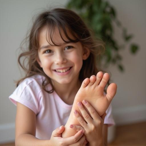 Girl smiling while holding her foot. Light ambiance. Indoor setting. Playful interaction with friends.