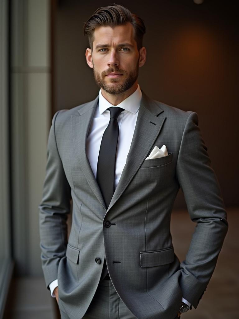 Man dressed in a stylish grey suit with a black tie and white pocket square. Setting is modern office style with soft lighting.