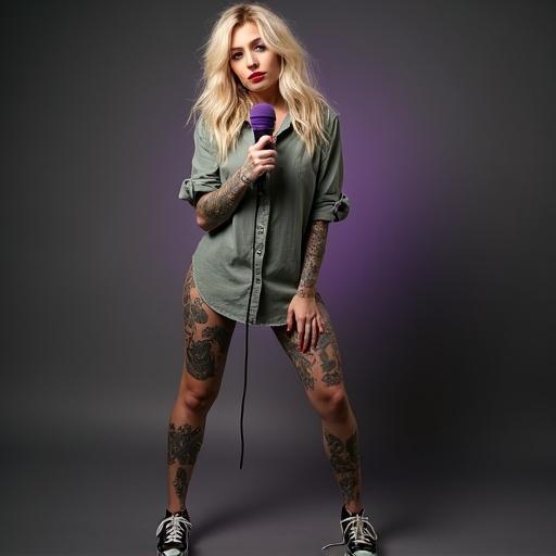 A confident woman poses with a purple microphone. She has blonde hair and wears a loose dress shirt. Her arms and legs showcase intricate tattoos. She stands strong in black sneakers. The background is dark with purple lighting.