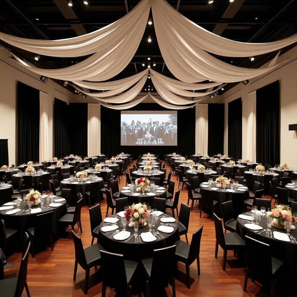 This image showcases a spacious banquet room measuring approximately 200 feet by 200 feet. The room is adorned with elegant black and white drapes that create a sophisticated atmosphere. Large floor-to-ceiling black and white photos of African American graduates dominate the walls, celebrating their achievements. Tables are set with fine dining arrangements, including floral centerpieces. The lighting is bright, enhancing the inviting nature of the space. It’s an ideal setting for a formal event such as a wedding or corporate gathering.