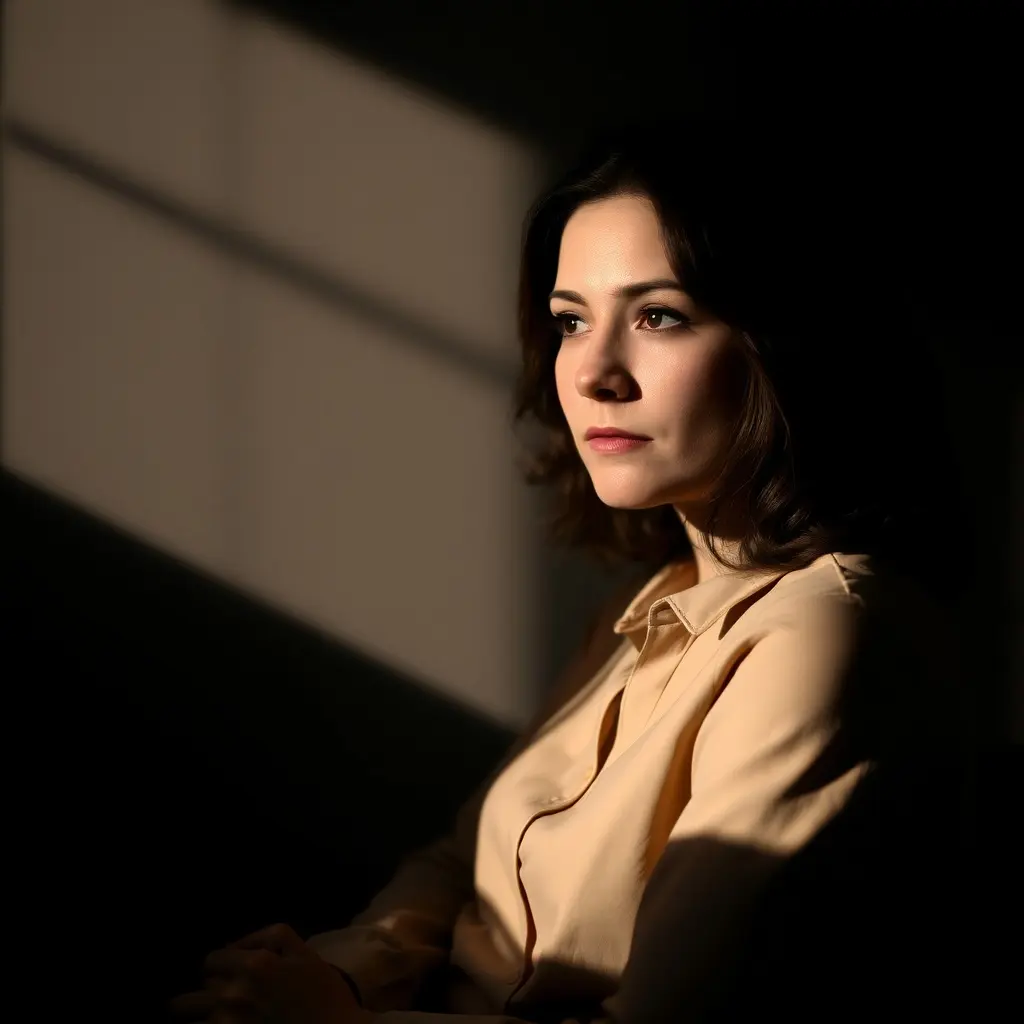 A woman in thoughtful contemplation, partially illuminated against a dark background.